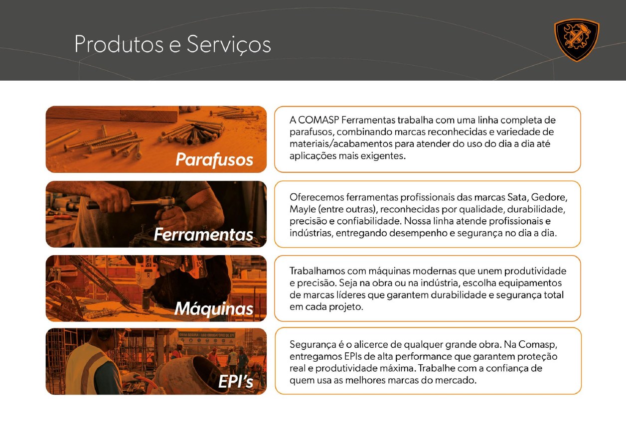 Produtos e serviços: parafusos, ferramentas, máquinas e EPIs